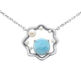 .925 Sterling Silver Natural Larimar & Pearl Pendant Necklace 16-18" Extension