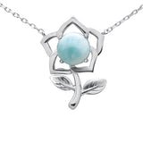 .925 Sterling Silver Natural Larimar Flower Pendant Necklace 16-18" Extension