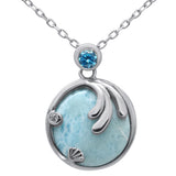 .925 Sterling Silver Natural Larimar & Blue Topaz Pendant Necklace 16-18" Extension