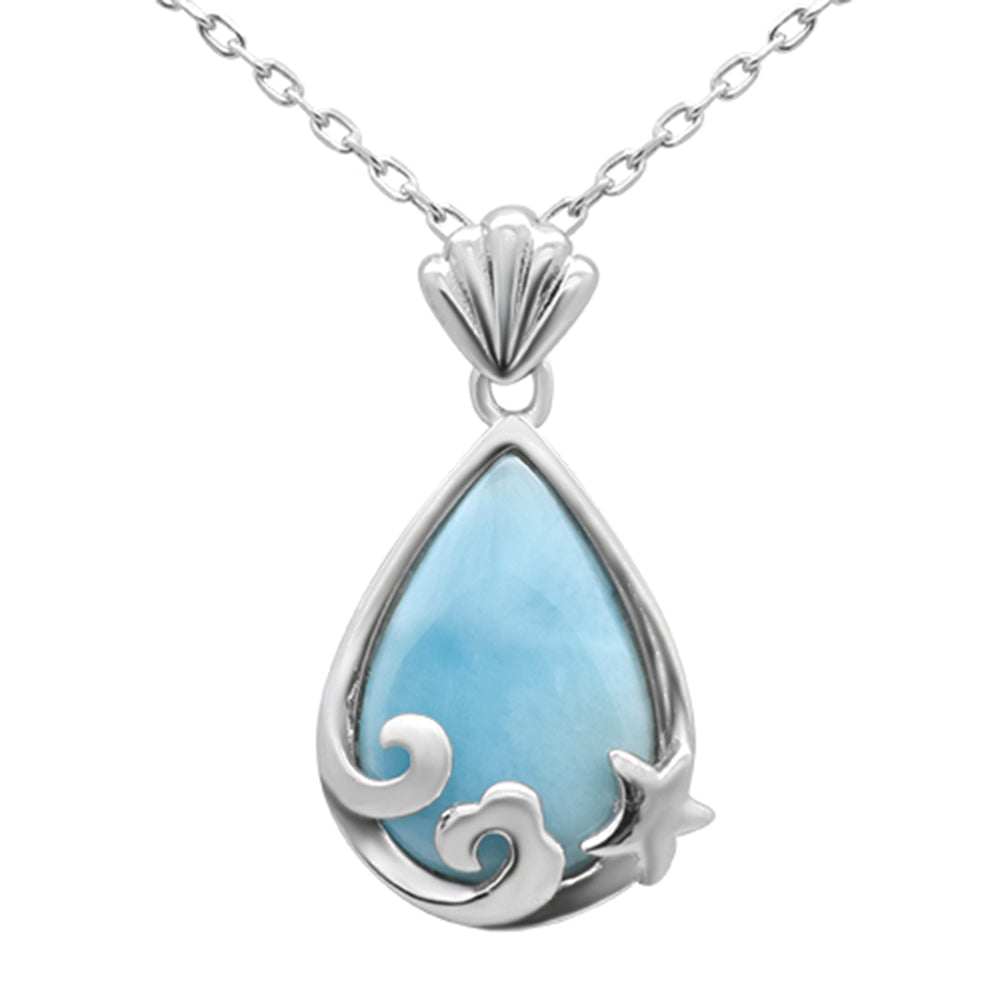 .925 Sterling Silver Natural Larimar Pear Shaped Pendant Necklace 16-18" Extension