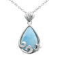 .925 Sterling Silver Natural Larimar Pear Shaped Pendant Necklace 16-18" Extension