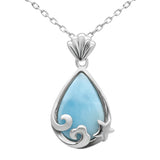 .925 Sterling Silver Natural Larimar Pear Shaped Pendant Necklace 16-18" Extension