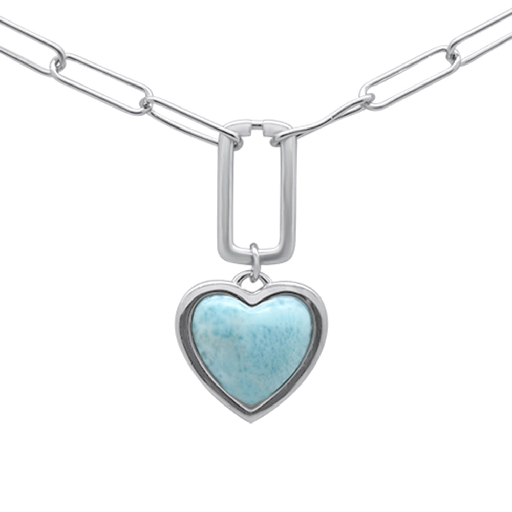 .925 Sterling Silver Natural Larimar Heart Shaped Pendant Necklace 16-18" Extension