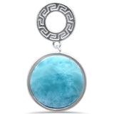 Round Natural Larimar Greek Design .925 Sterling Silver Pendant Necklace 16-18" Extension