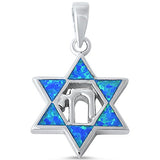 Blue Opal Star of David with Chai Symbol .925 Sterling Silver Pendant