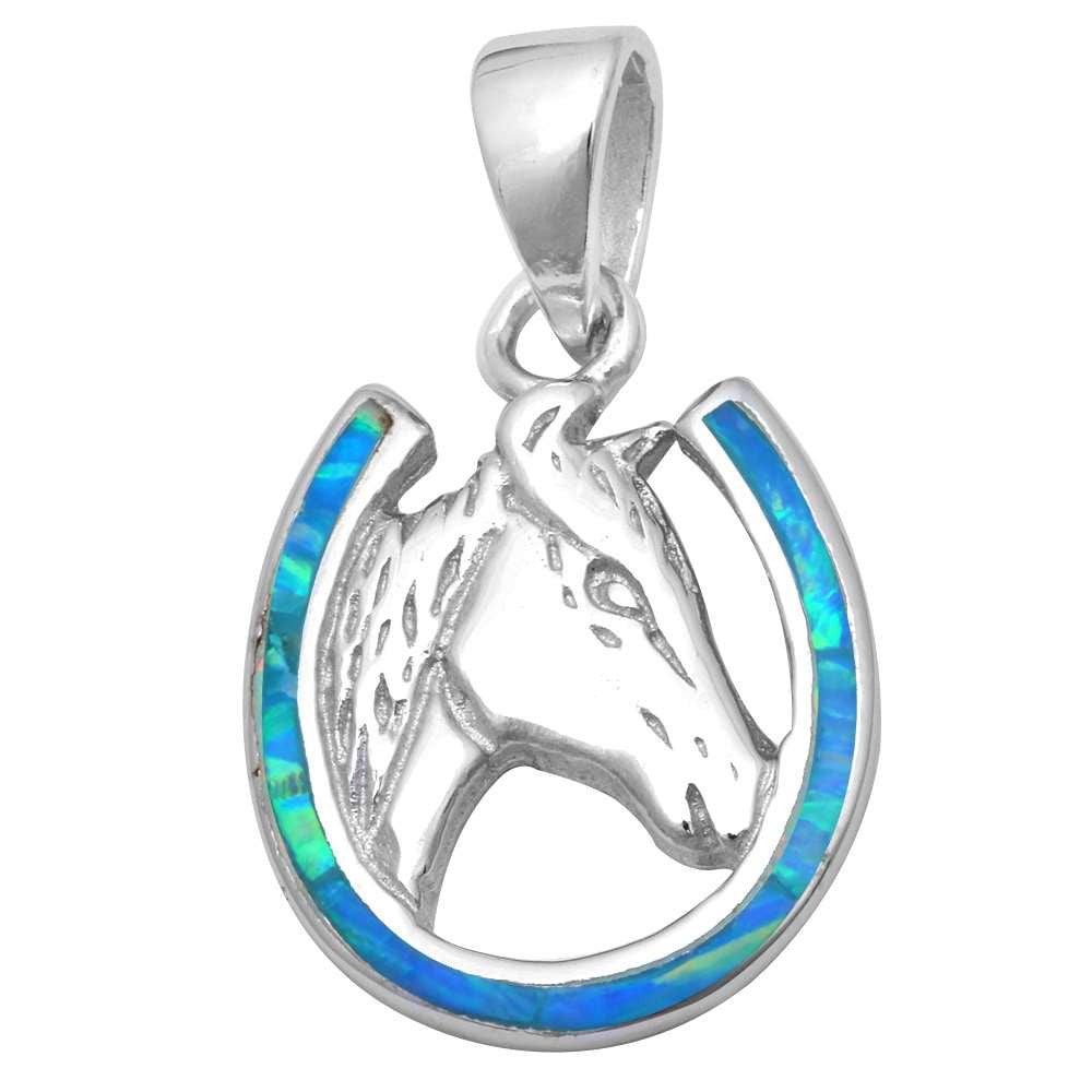 Blue Opal Horse in Horse Shoe .925 Sterling Silver Pendant