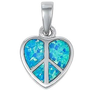 Blue Opal Peace Sign Heart .925 Sterling Silver Pendant 15mm