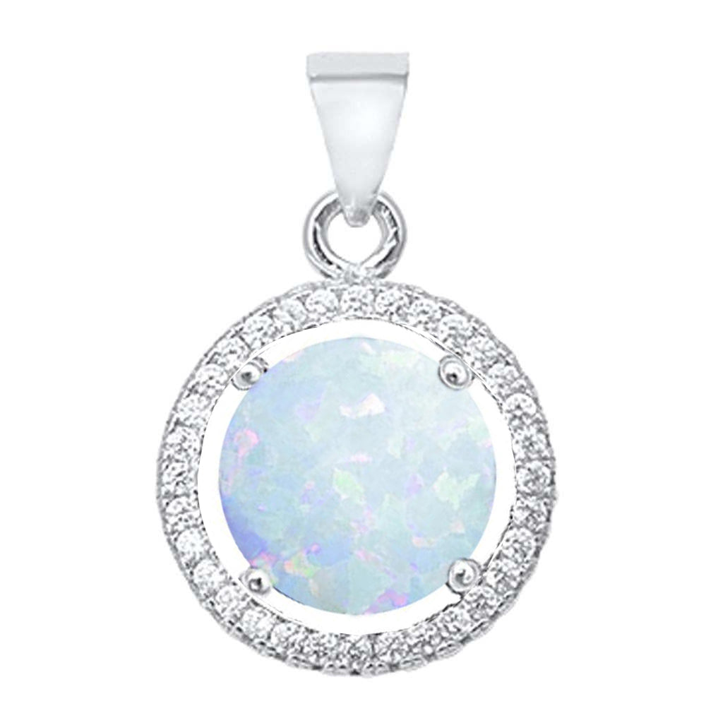 Round White Opal & Cubic Zirconia .925 Sterling Silver Pendant