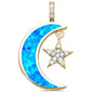 Yellow Gold Created Blue Opal Crescent Moon & Star CZ .925 Sterling Silver Pendant