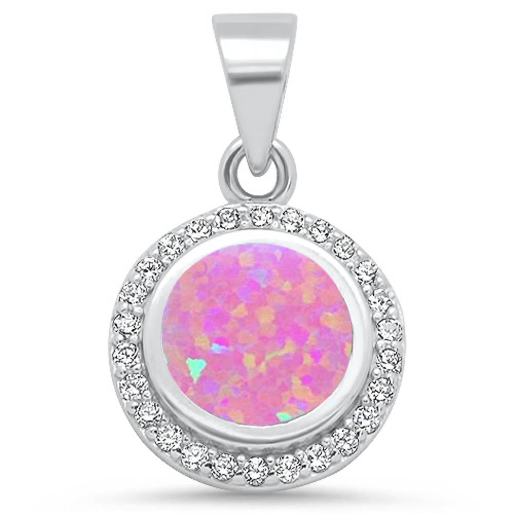 Round Pink Opal & Cz .925 Sterling Silver Pendant