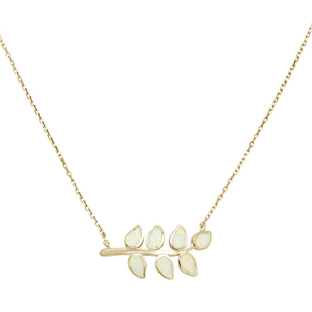 Yellow Gold plated White Opal Leaf Design  .925 Sterling Silver Necklace