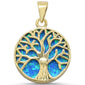  Yellow Gold Plated Round Blue Opal Tree of Life Design .925 Sterling Silver Pendant