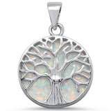 Round White Opal Tree of Life Design .925 Sterling Silver Pendant