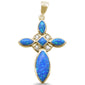 Yellow Gold Plated Blue Opal Cross & Cz .925 Sterling Silver Charm Pendant