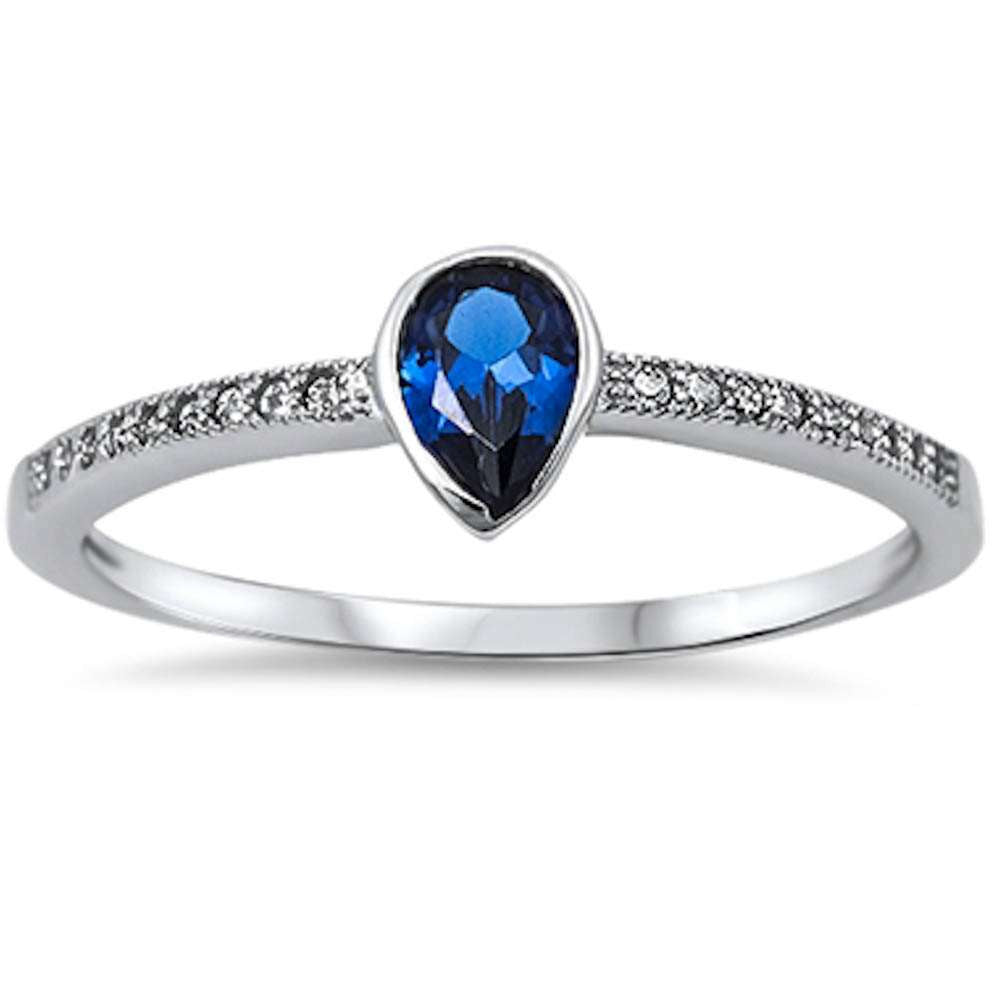 Pear Shape Blue Sapphire & Cz .925 Sterling Silver Ring Sizes 5-10
