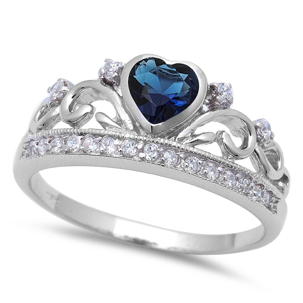 Beautiful SAPPHIRE Heart and White cubic Zirconia .925 Sterling Silver Ring SIZES 5-10