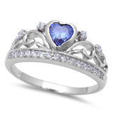 .925 Sterling Silver Tanzanite Heart & Cz Crown Ring