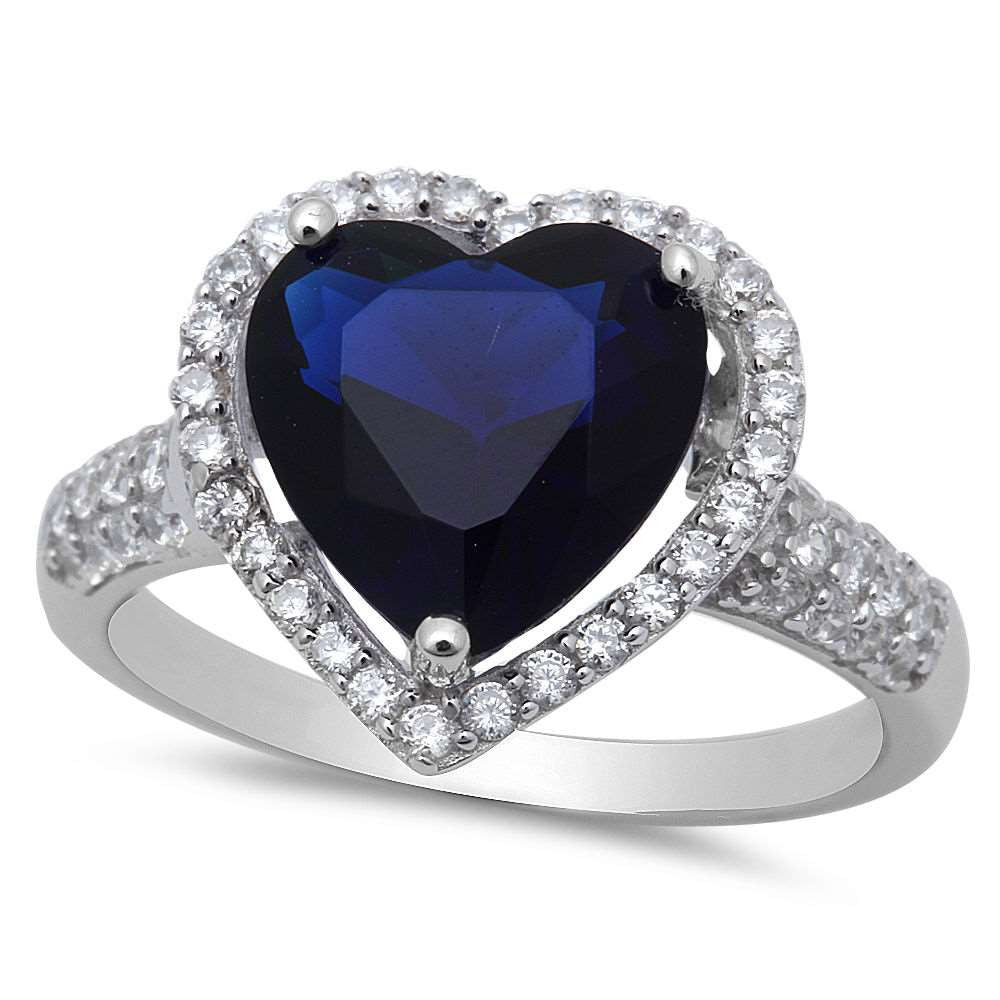 Sterling Silver Blue Sapphire Heart Ring with Cubic Zirconias