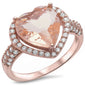 Rose Gold Plated Morganite & Pave Cubic Zirconia Heart .925 Sterling Silver Ring Sizes 5-10