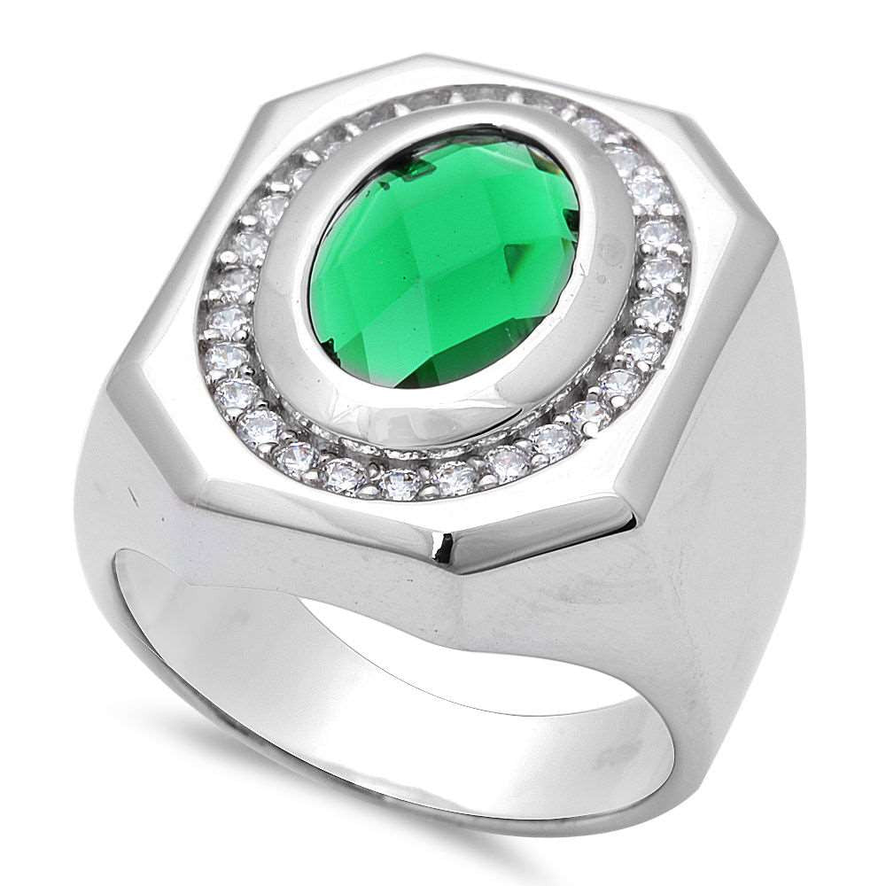 Men's Green Emerald .925 Sterling Silver Ring Sizes 7-11