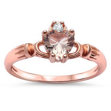 Rose Gold Morganite & Cz Heart Claddagh .925 Sterling Silver Ring