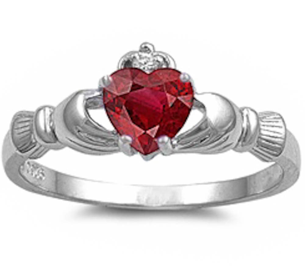 Ruby Heart Claddagh Ring .925 Sterling Silver Sizes 4-12