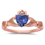 Rose Gold Plated Tanzanite & Cubic Zirconia Heart Claddagh .925 Sterling Silver Ring