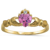 Yellow Gold Plated Pink Topaz & CZ Heart Claddagh .925 Sterling Silver Ring