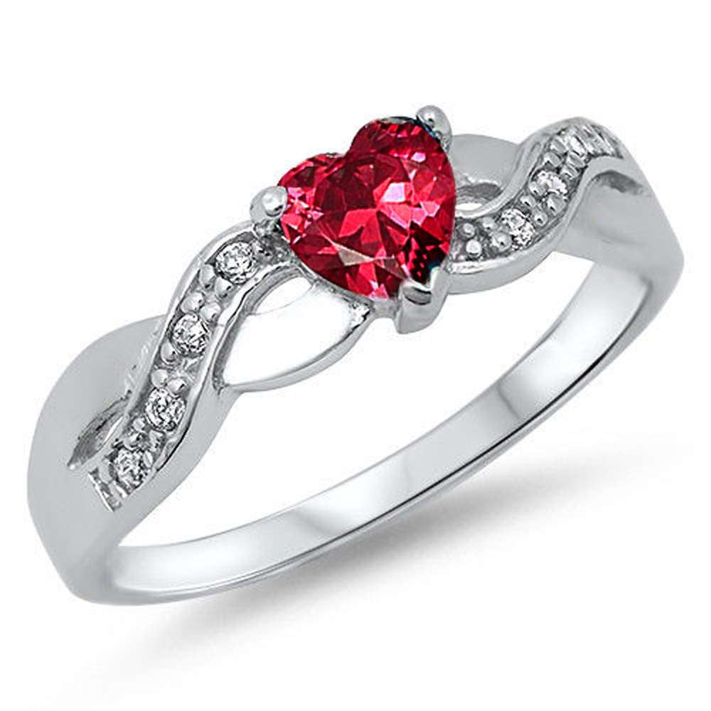 Ruby Heart & Cubic Zirconia Heart Infinity Band .925 Sterling Silver Ring Sizes 5-10