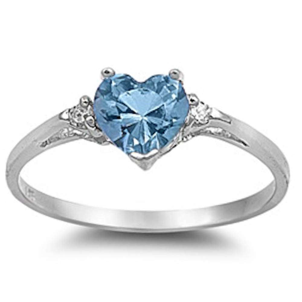 Aquamarine Heart & Cz .925 Sterling Silver Ring Sizes 4-12