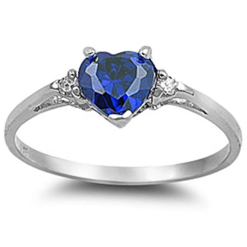 Blue Sapphire Heart & Cz .925 Sterling Silver Ring Sizes 3-12