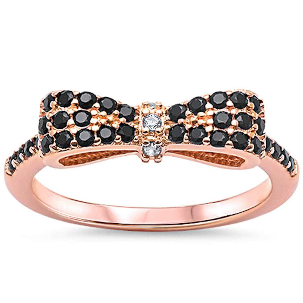 Rose Gold Plated Black & White Cz Bow Tie .925 Sterling Silver Ring Sizes 3-12