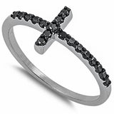 Black Cz Sideway Cross .925 Sterling Silver Ring