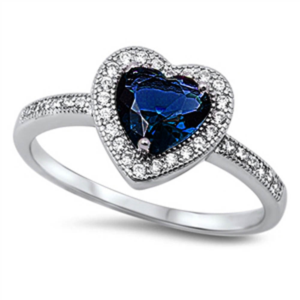 Blue Sapphire & Cz Heart .925 Sterling Silver Ring Sizes 6-10