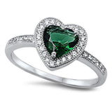 Green Emerald & Cz Heart .925 Sterling Silver Ring Sizes 5-10
