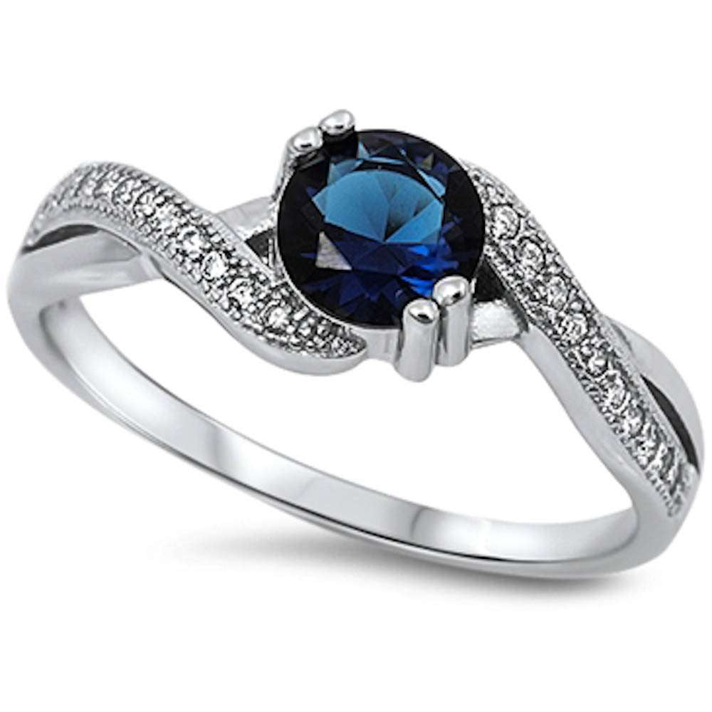 Round Blue Sapphire & White Cz .925 Sterling Silver Ring Sizes 5-10