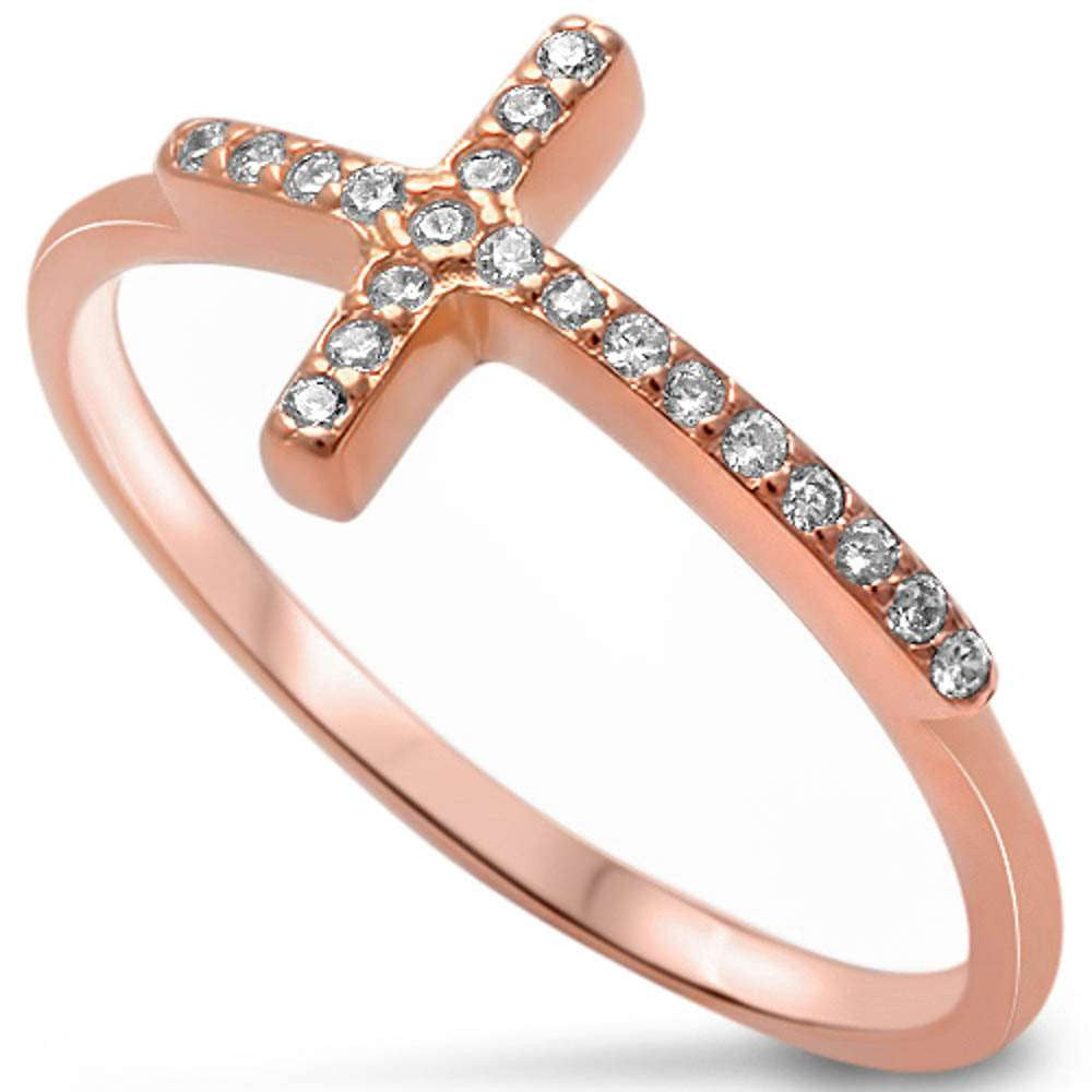 Rose Gold Plated Sterling Silver Cubic Zirconia Sideways Cross