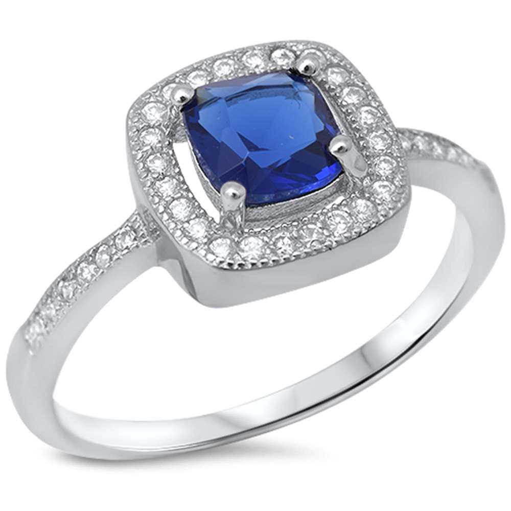 Princess cut blue sapphire & Cubic Zirconia Pave .925 Sterling Silver Ring Sizes 5-10
