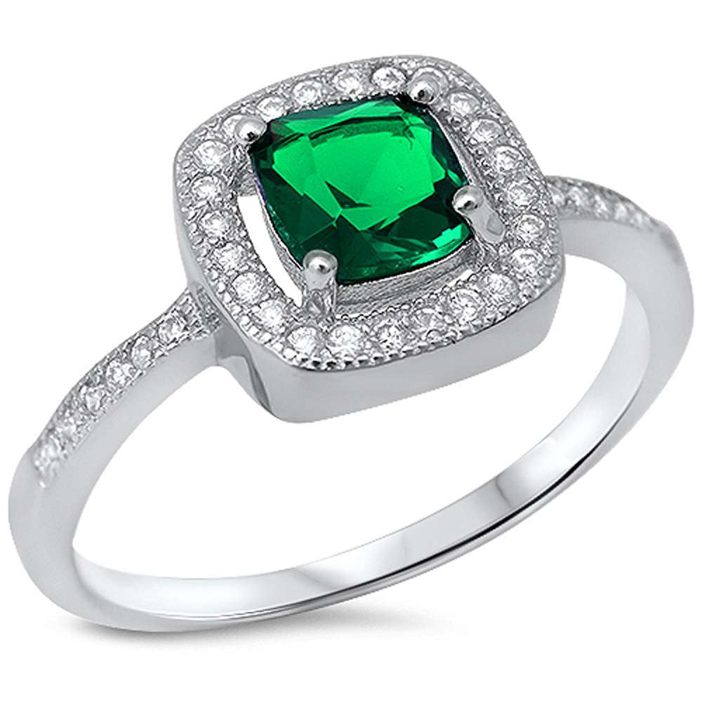Princess cut Emerald & Cubic Zirconia Pave .925 Sterling Silver Ring Sizes 5-10