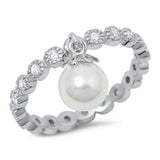 Round Eternity Band & Dangle Pearl .925 Sterling Silver Ring