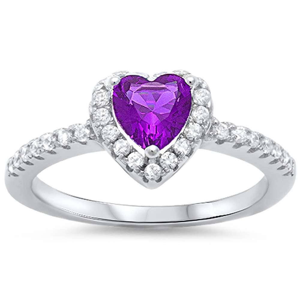 Halo Amethyst & Heart Cubic Zirconia .925 Sterling Silver Ring Sizes 5-9