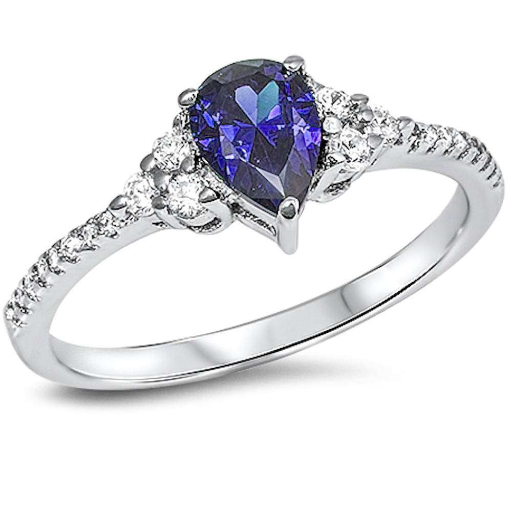 Pear Shape Tanzanite & Cubic Zirconia .925 Sterling Silver Ring Sizes 5-9