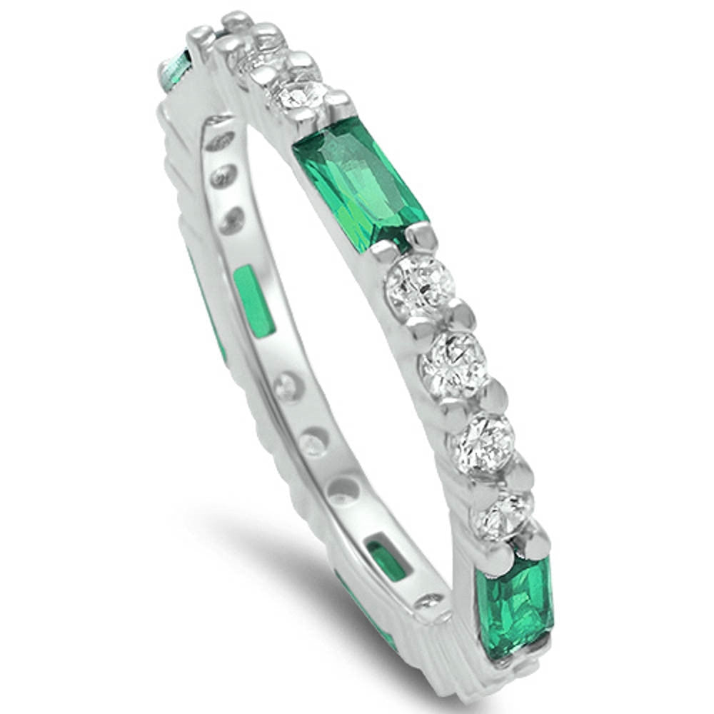 Baguette Green Emerald & Round Cz Band .925 Sterling Silver Ring Sizes 4-12