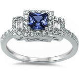 Princess Cut Blue Sapphire & Cz .925 Sterling Silver