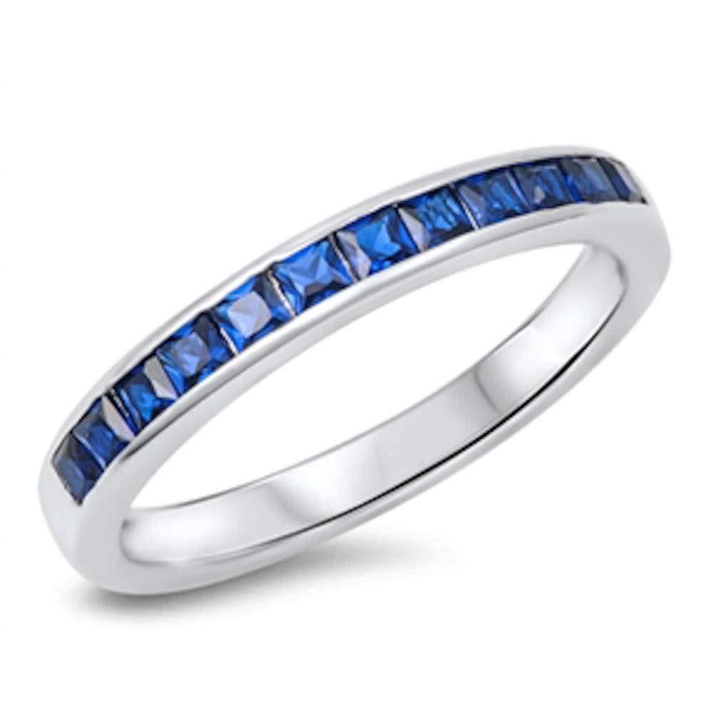  Blue Sapphire Princess Cut Eternity Band .925 Sterling Silver Ring
