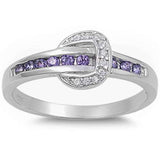 BEAUTIFUL Amethyst & Clear CZ Belt Buckle Fashion .925 Sterling Silver Ring Sizes 4-9