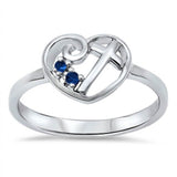 Heart Blue Sapphire Cross .925 Sterling Silver Ring