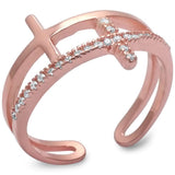  Rose Gold Plated Plain & Cz Cross Sideways Cross .925 Sterling Silver Ring