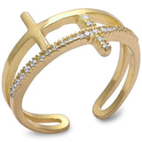 Yellow Gold Plated Plain & Cz Cross Sideways Cross .925 Sterling Silver Ring Sizes 4-10