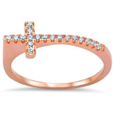  Rose Gold Plated Sideways Cz Cross .925 Sterling Silver Ring